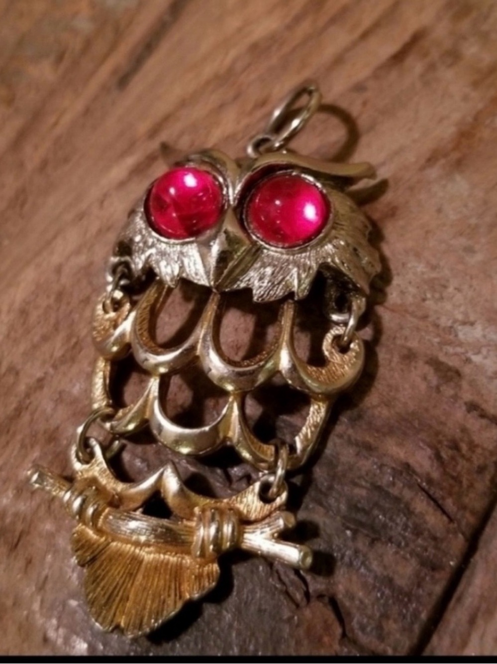 Vintage Owl Pendant Necklace in Gold with Red Eyes